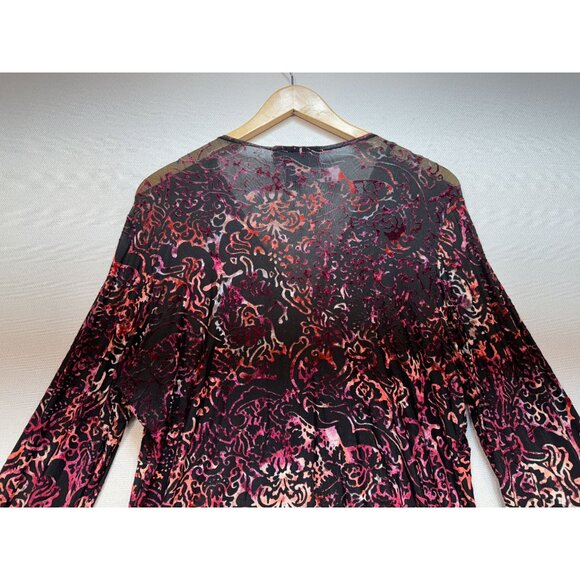 Venezia Velvet Burnout Wrap Blouse Top Womens 14/16 Red Sheer Flared Sleeves - Picture 10 of 12
